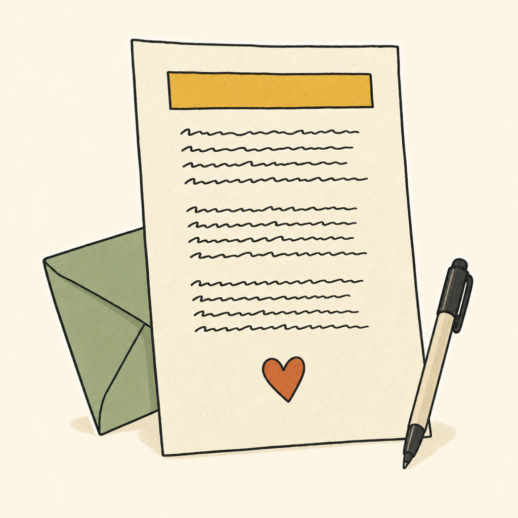 A printed lyric sheet with a pen and envelope