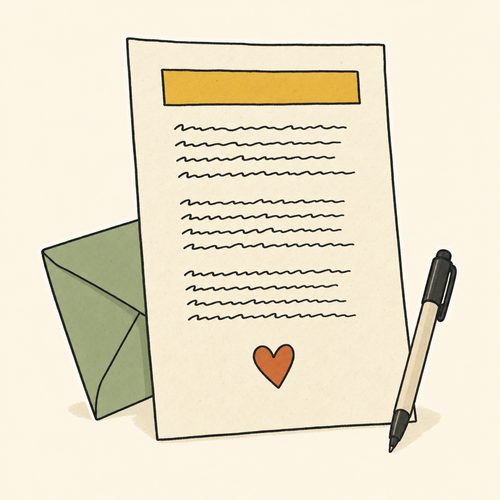 A printed lyric sheet with a pen and envelope