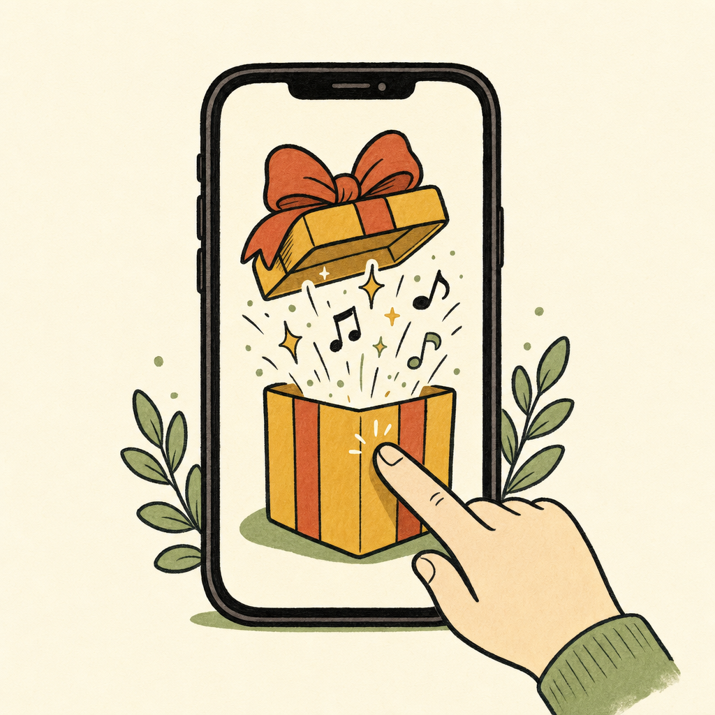 A finger tapping a gift box on a phone screen: the song reveal page