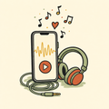 A phone playing a personalised song, headphones beside it